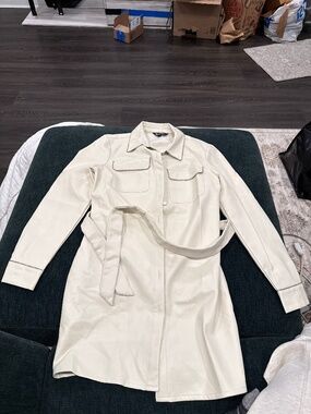 Belted Cream Faux Leather Dress with cubic zirconia edge